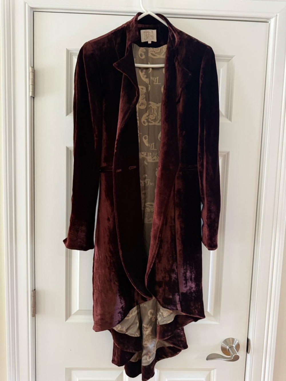 tba Velvet Draped Long Blazer in Deep Burgundy